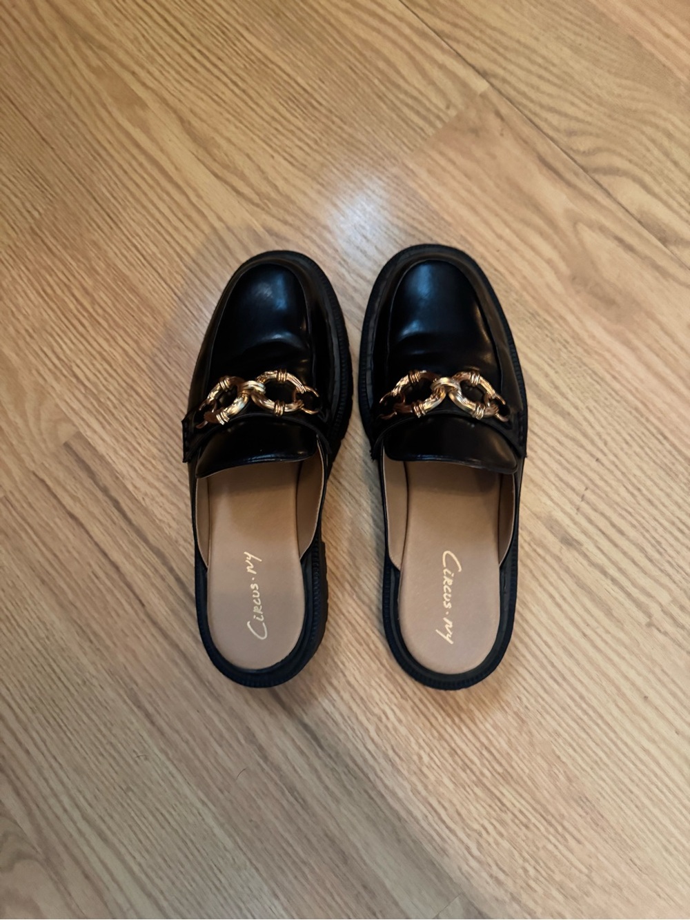 Circus by Sam Edelman Black Leather Slip-On Mules with Gold Chain